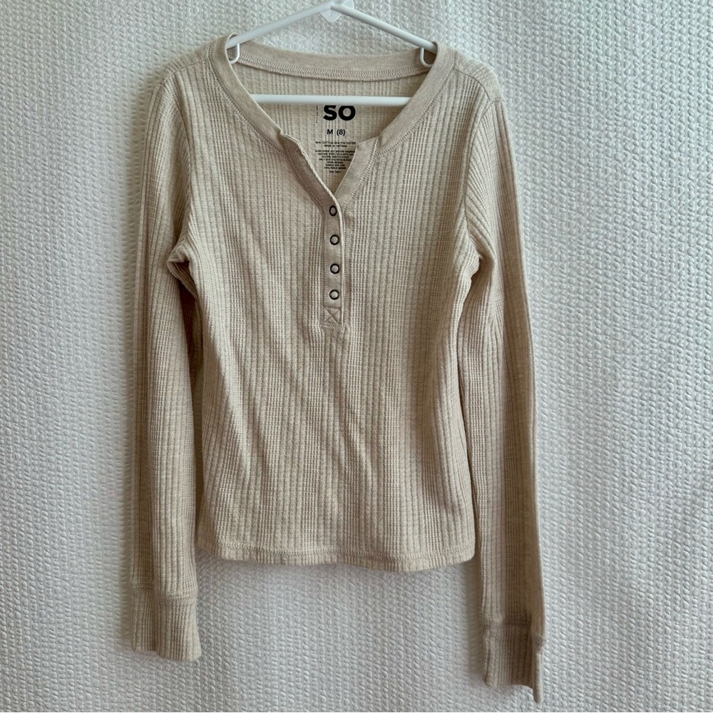 SO Girls Cream Ribbed Henley Long Sleeve Shirt Top Button Front Size 8 NWOT